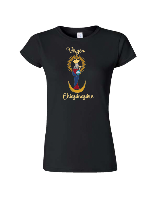 CAMISETA CON LA VIRGEN DE CHIQUINQUIRAN EN COLORES, DORADO Y MAS